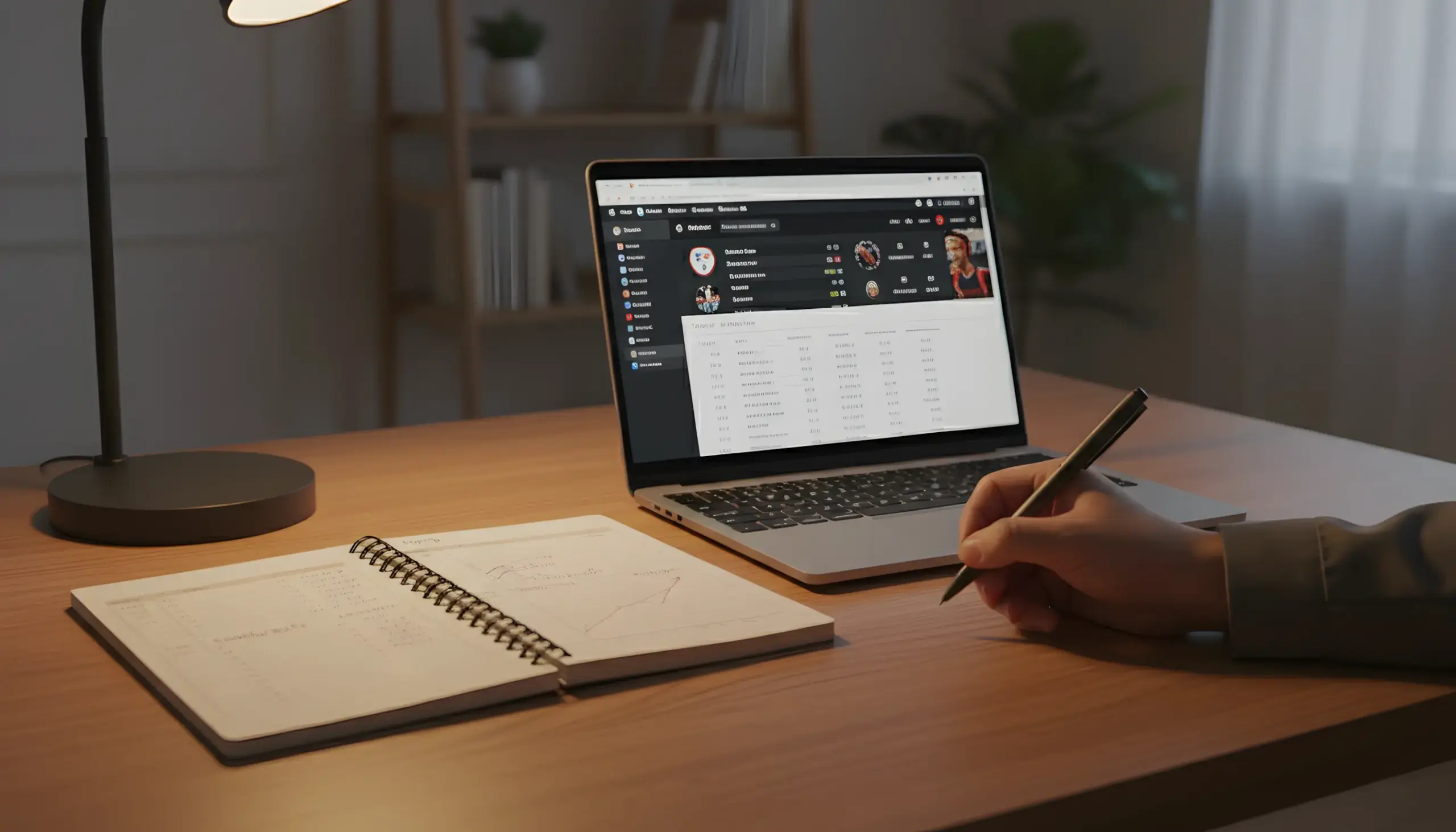 Persona revisando notas de apuestas en un escritorio ordenado