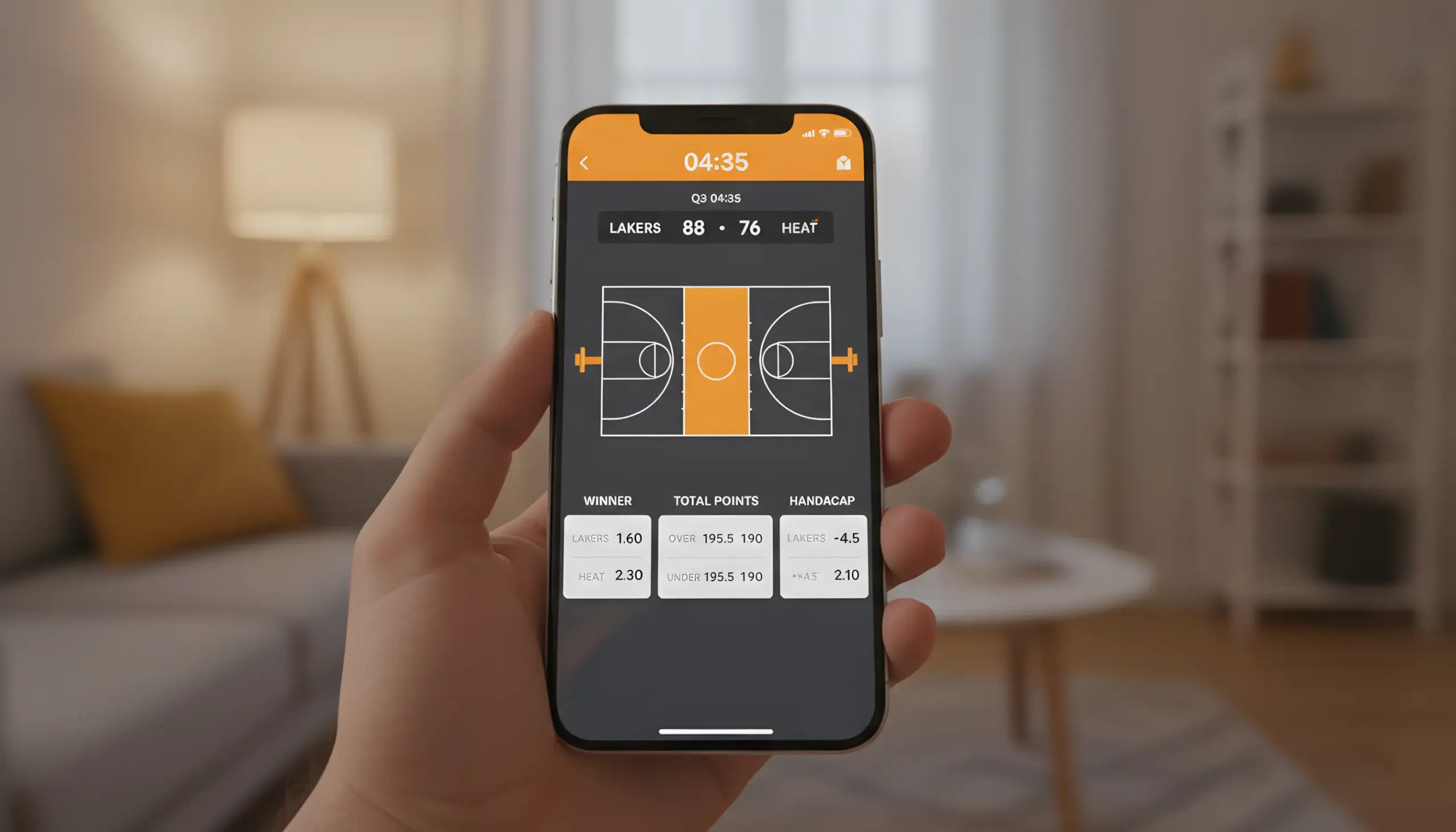 Interfaz de apuestas de baloncesto virtual con mercados y cuotas