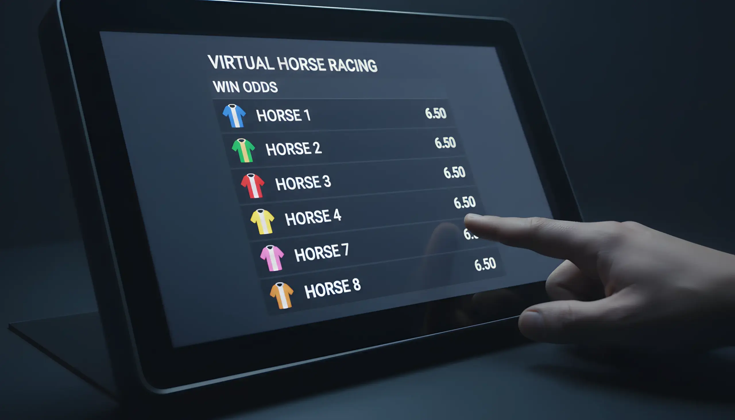 Interfaz de apuestas de carreras de caballos con cuotas y opciones