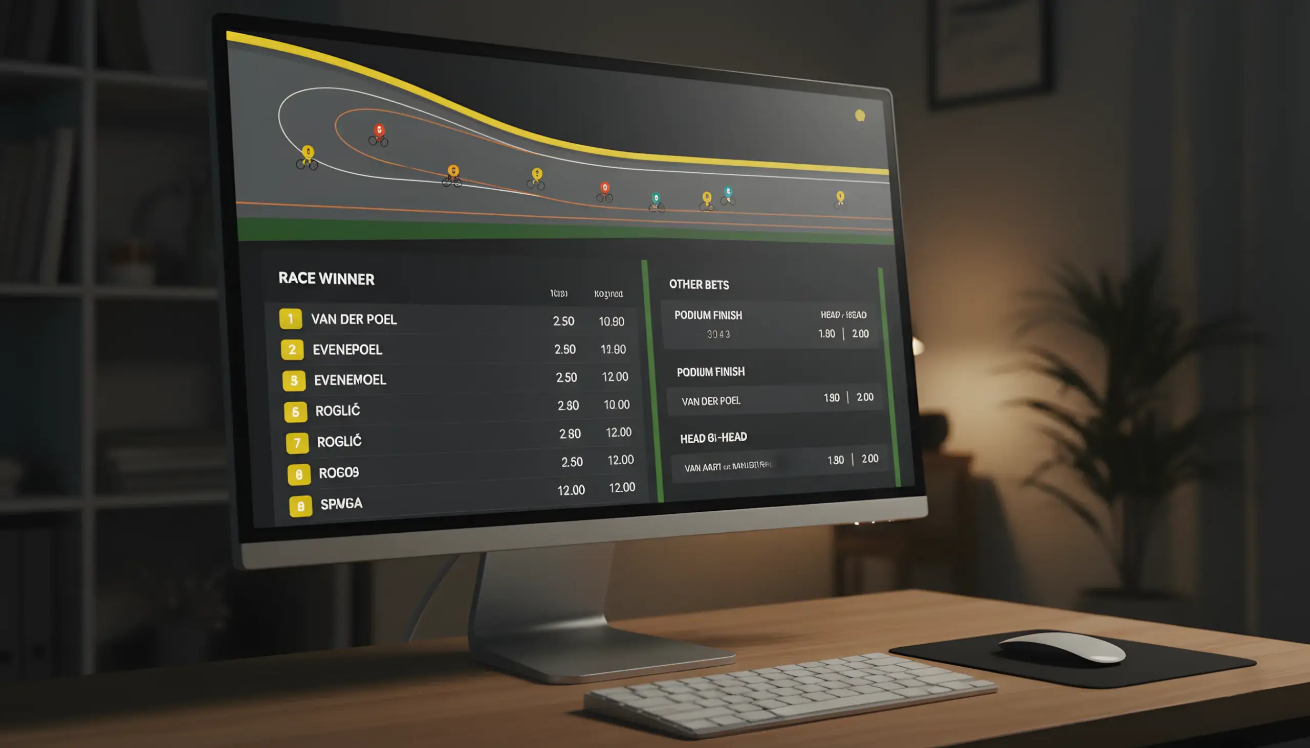 Pantalla de apuestas mostrando mercados de ciclismo virtual