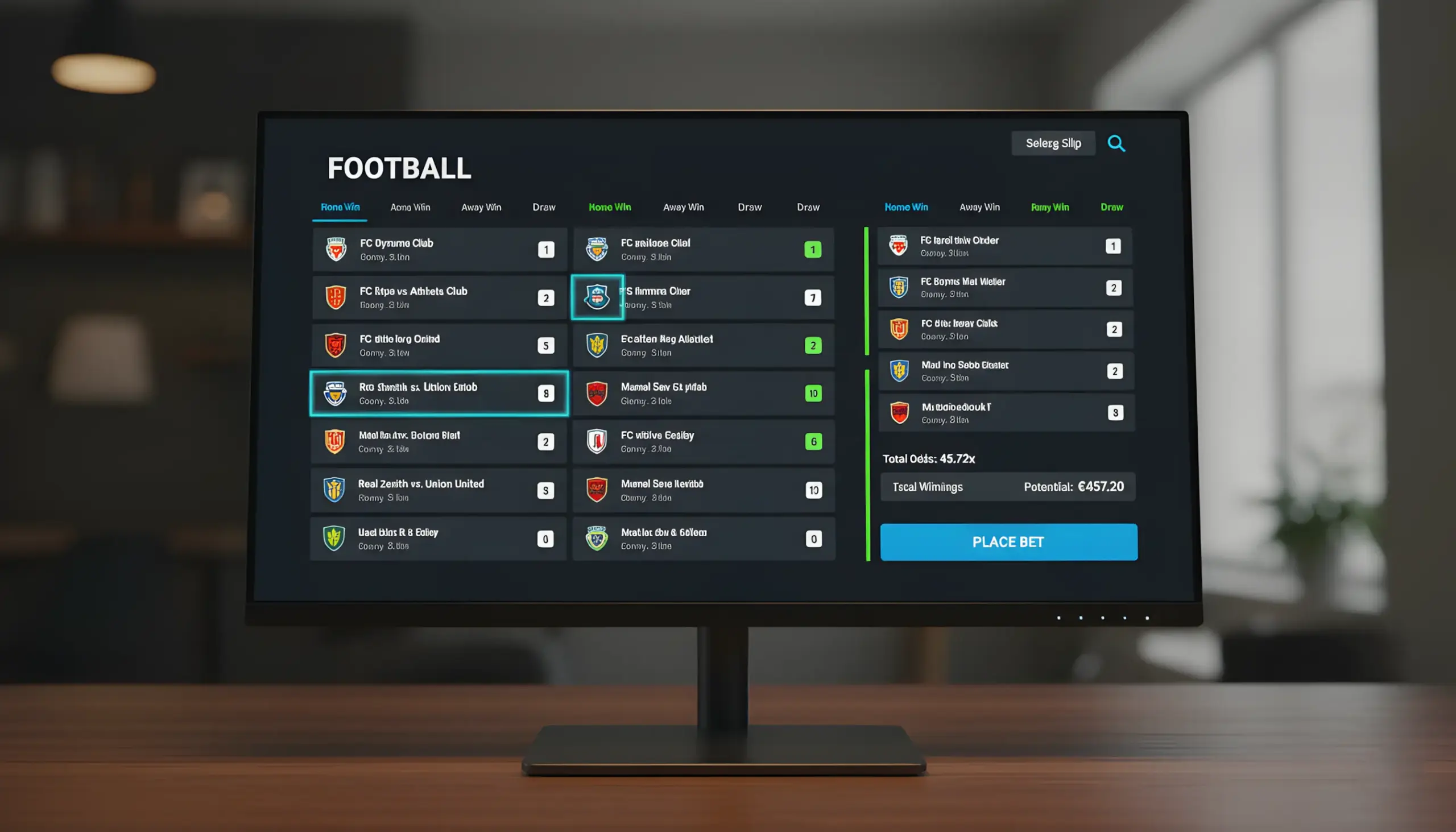Interfaz de apuestas mostrando selecciones de fútbol virtual combinadas
