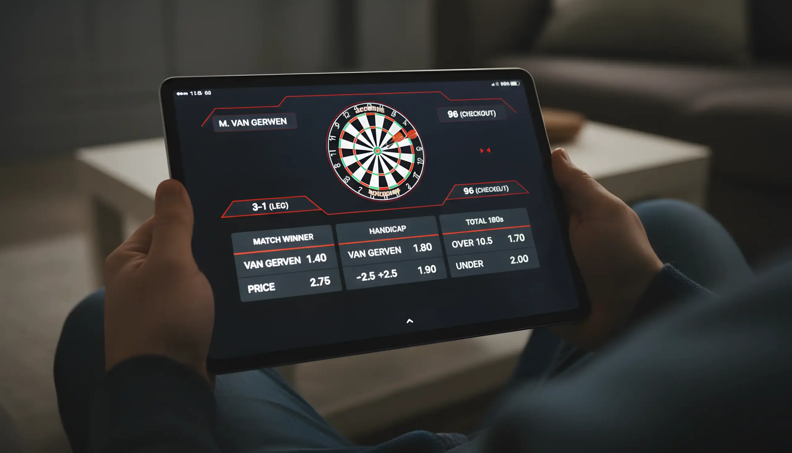 Pantalla de apuestas mostrando mercados de dardos virtuales