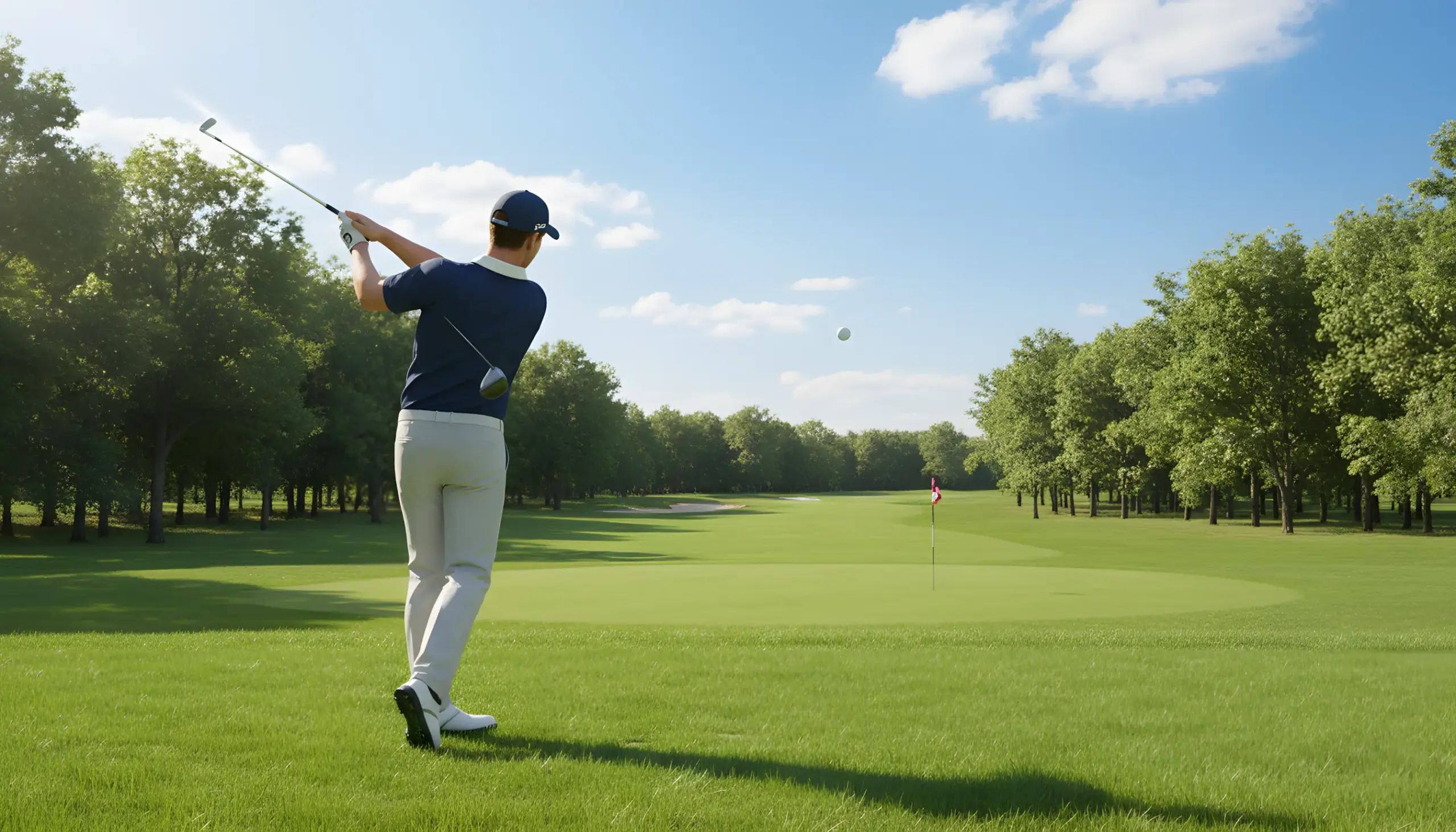 Golfista virtual ejecutando un swing en un campo verde