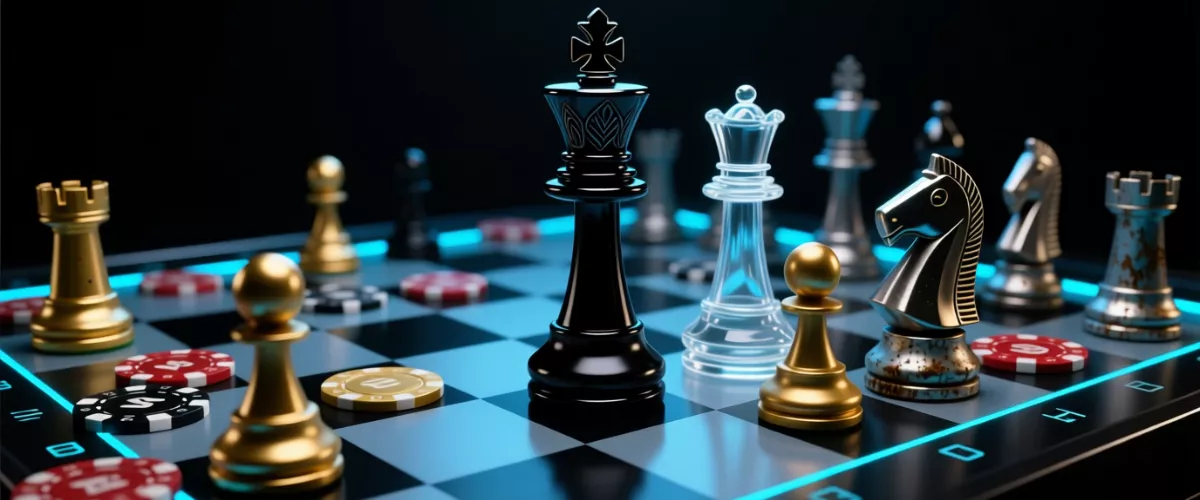 Piezas de ajedrez sobre tablero digital con fichas de apuestas