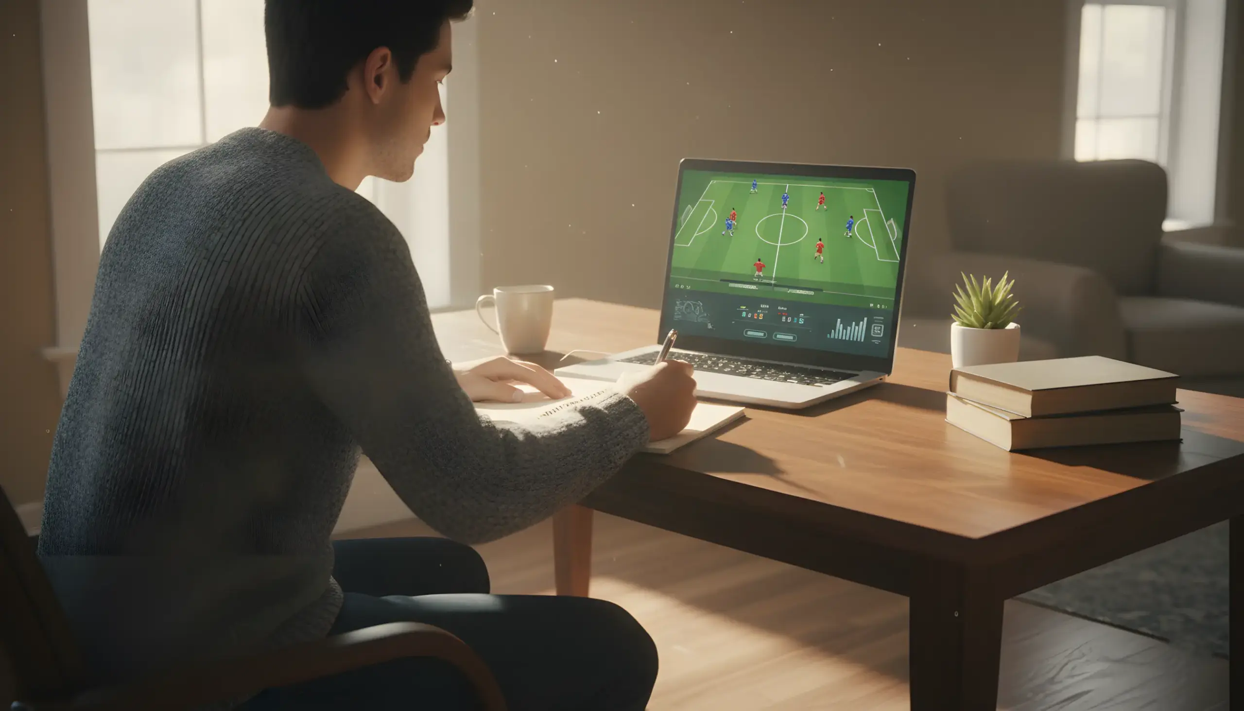 Persona tomando notas frente a un ordenador con partido virtual