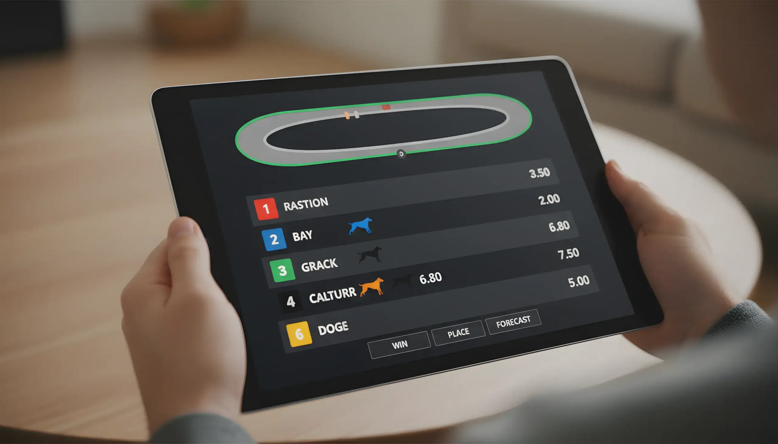 Pantalla mostrando opciones de apuesta para carreras de galgos