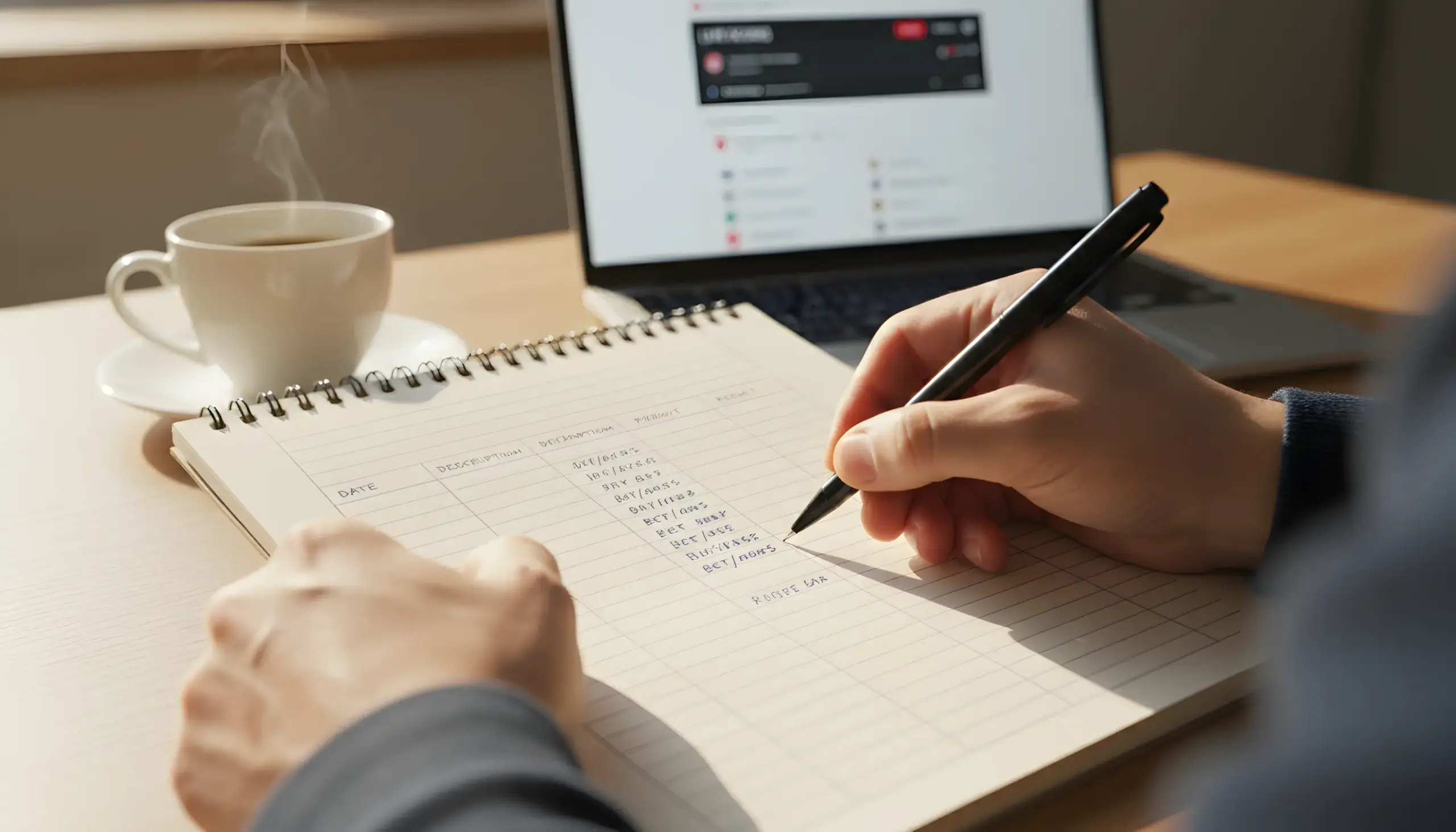 Persona escribiendo un registro de apuestas en un cuaderno