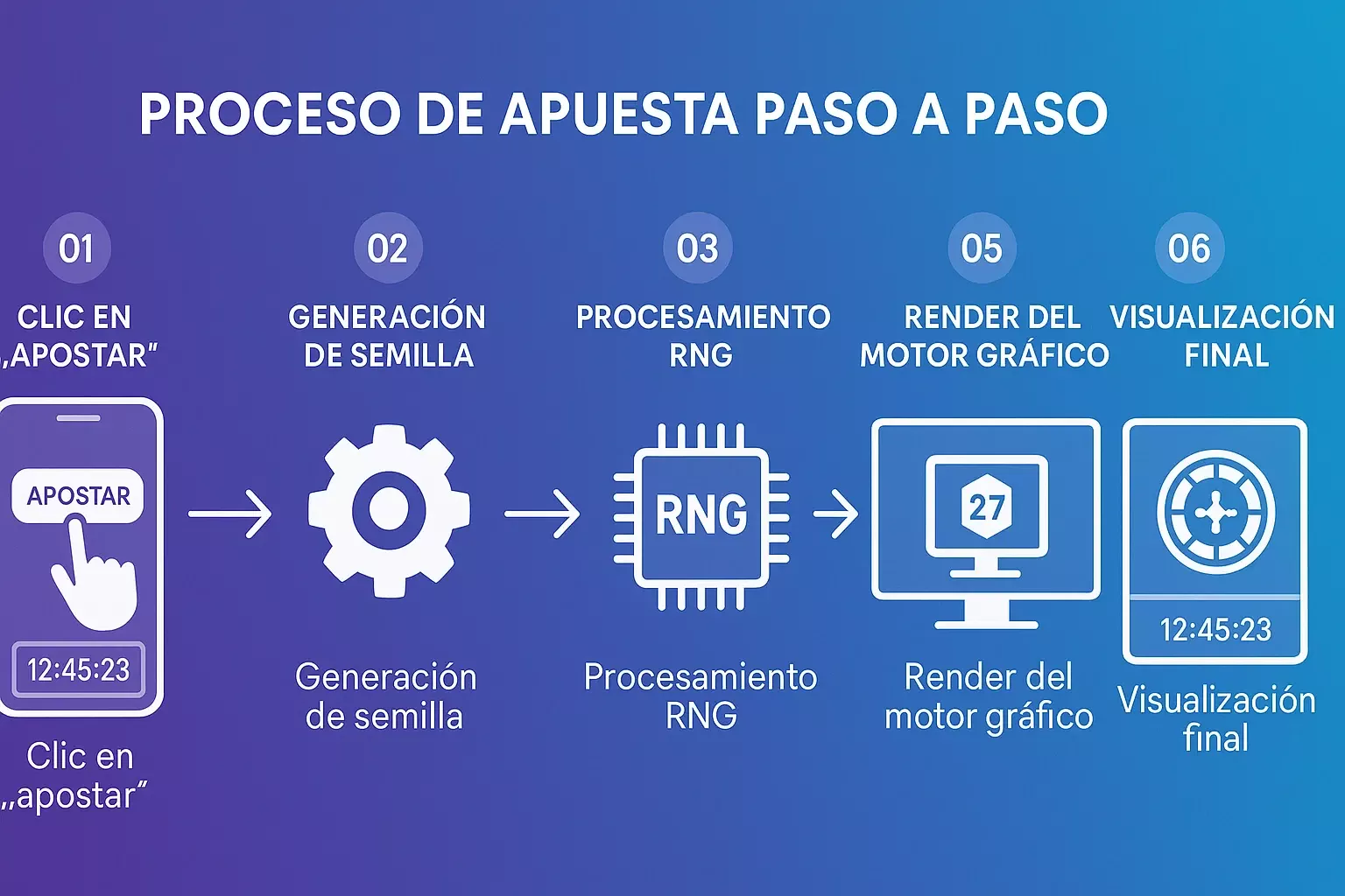 Proceso de apuesta virtual paso a paso - Desde el clic hasta el resultado final con RNG