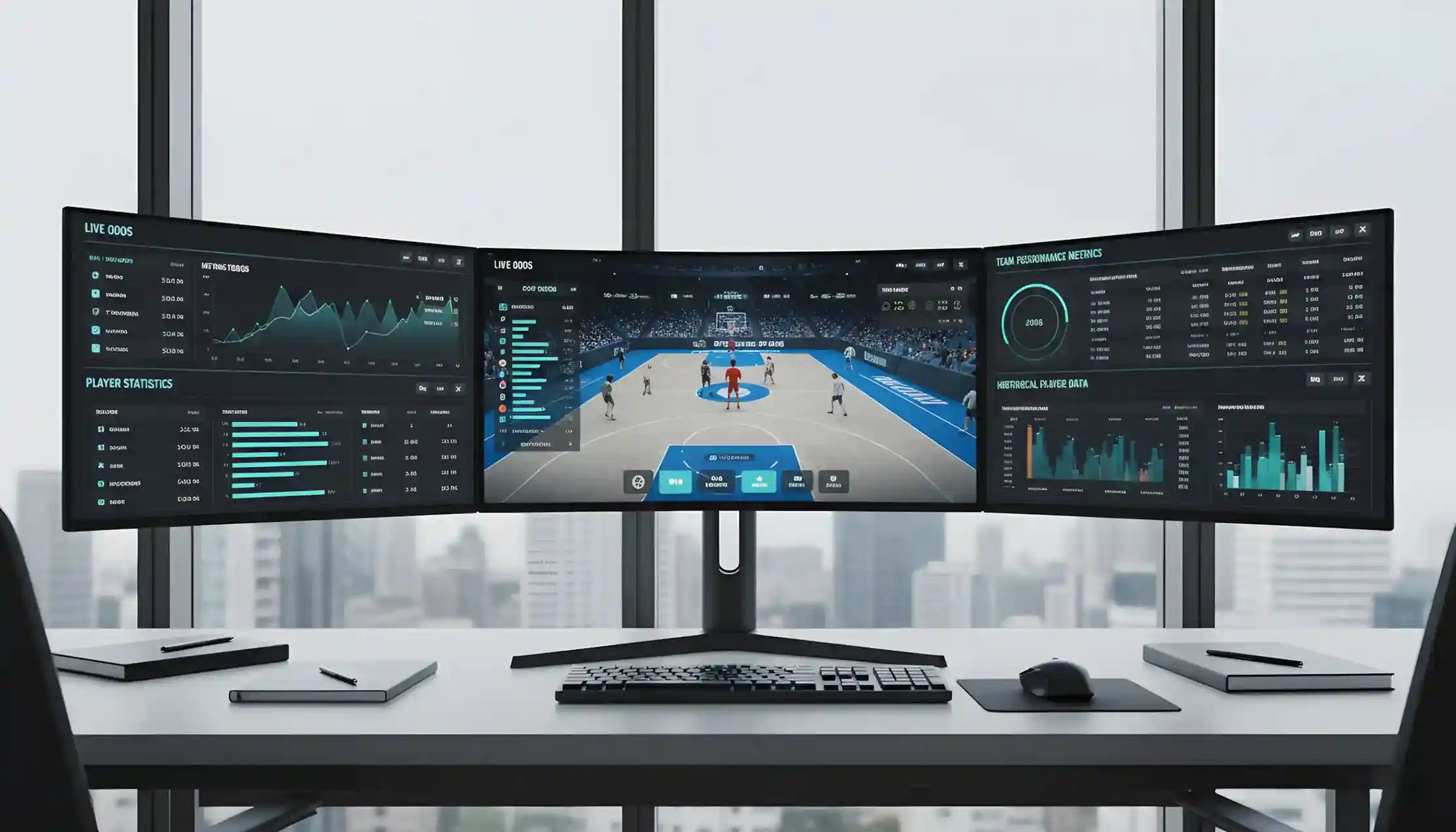 Interfaz de deportes virtuales con datos estadísticos en tiempo real