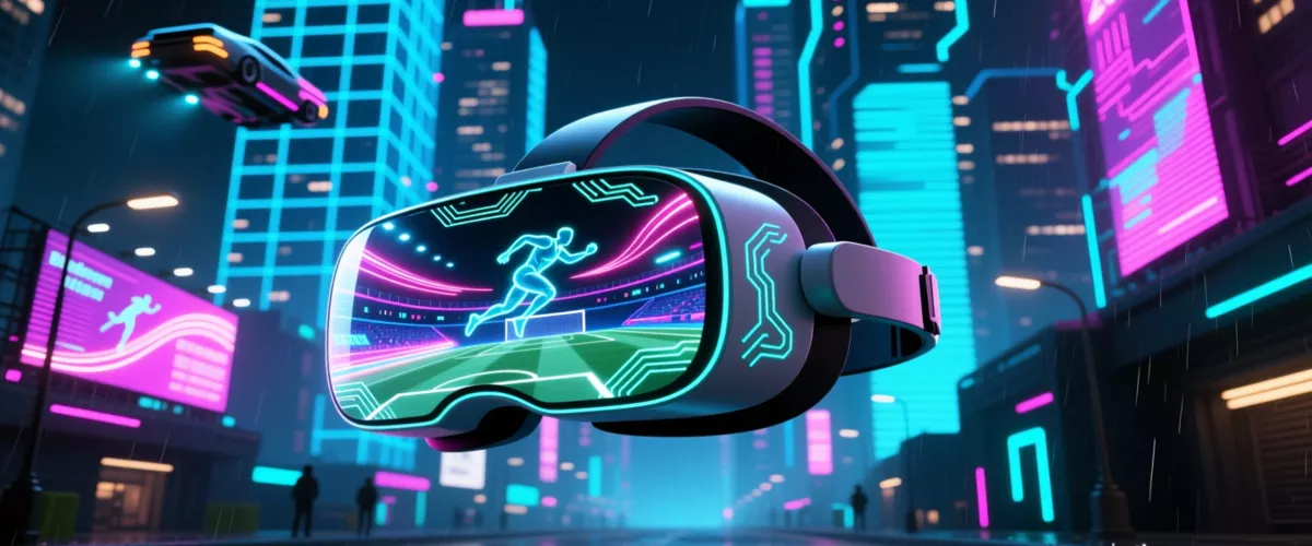 Casco de realidad virtual mostrando deportes virtuales con proyecciones holográficas