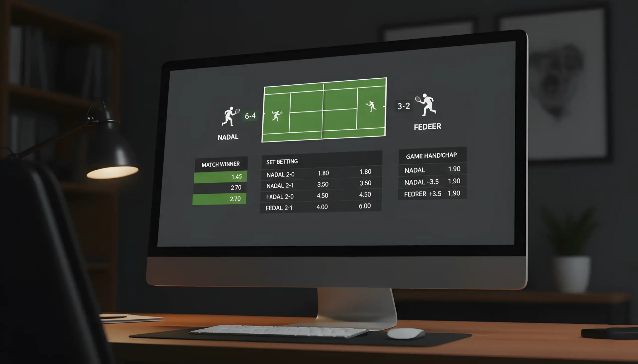 Pantalla de apuestas mostrando mercados de tenis virtual