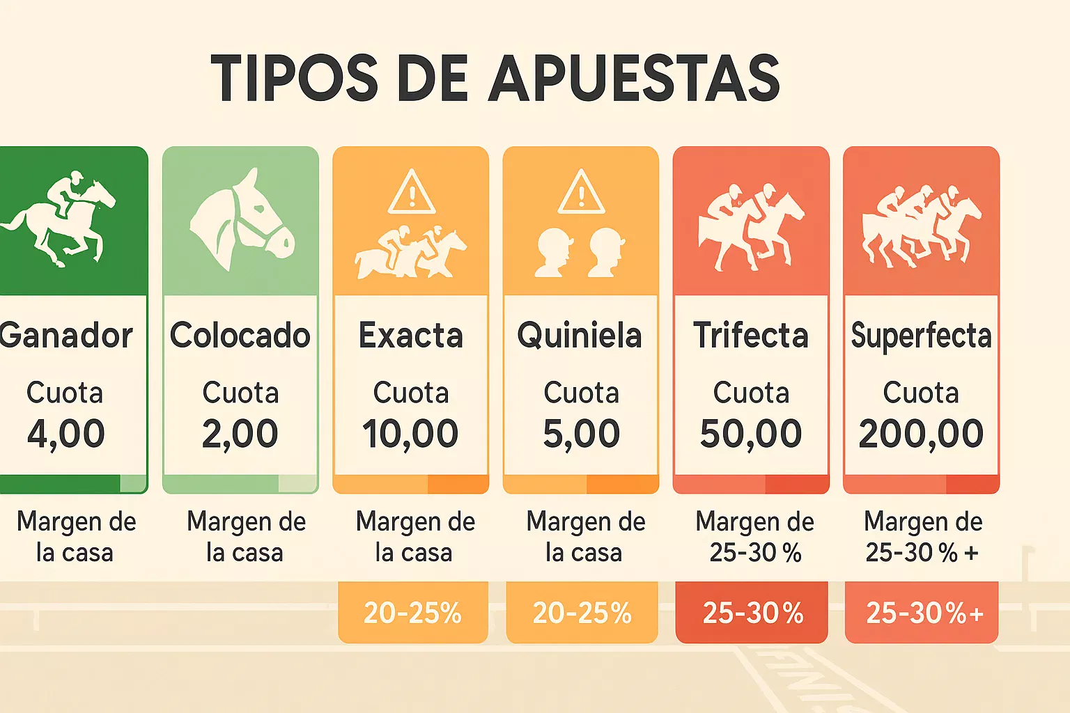 Tipos de apuestas en carreras de caballos - Ganador, colocado, exacta, quinela y trifecta